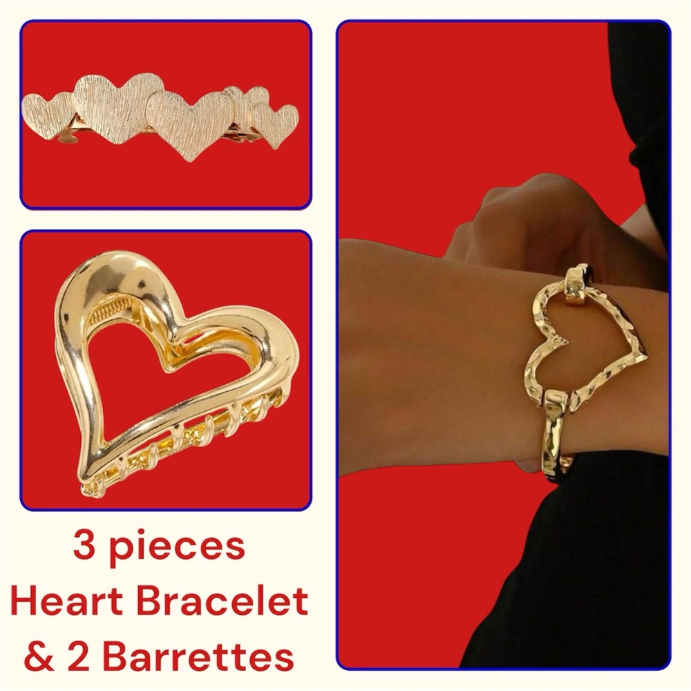 3pc Heart Set bracelet hair claw clip barrette gold jewelry bride wedding bridal